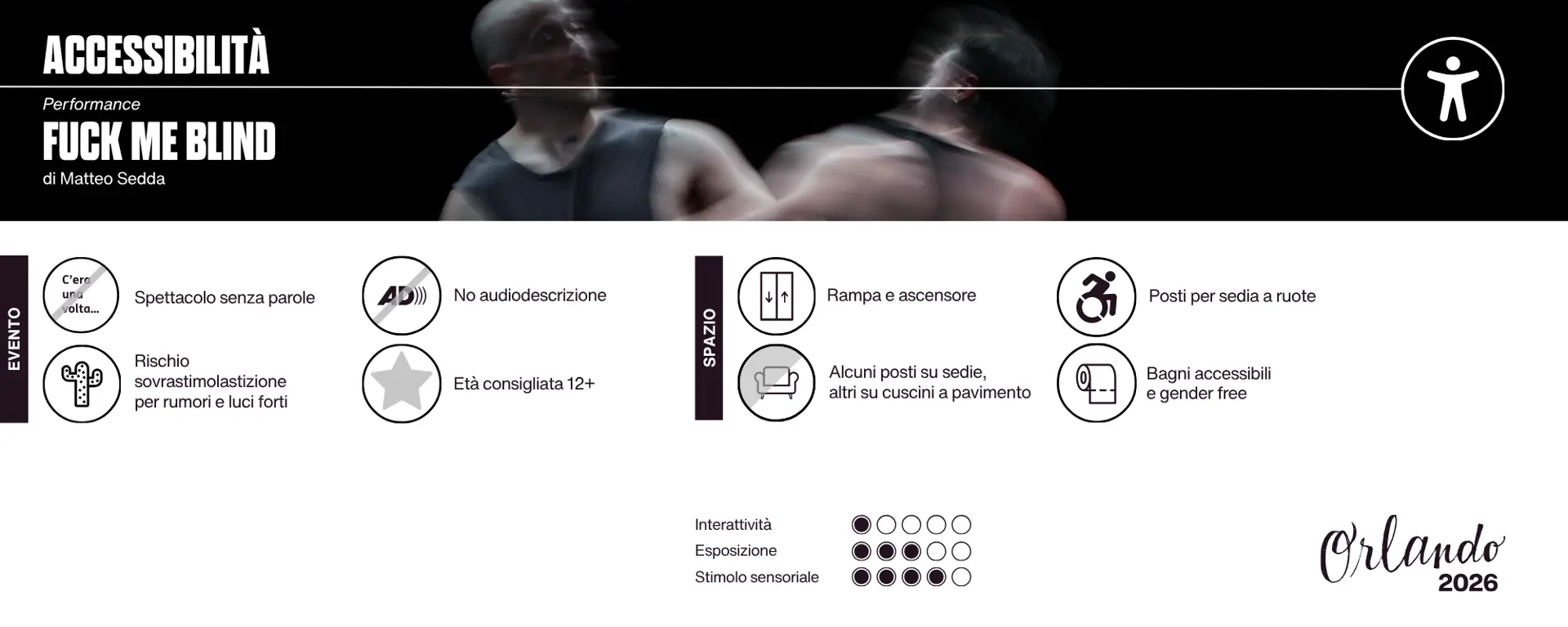 Accessibilità dell'evento: spettacolo senza parole; no audiodescrizione; rischio sovrastimolastizione per rumori e luci forti; età consigliata 12+. Spazio: rampa e ascensore; Posti per sedia a ruote; Alcuni posti su sedie, altri su cuscini a pavimento; bagni accessibili e gender free. Termometro: interazione 1, esposizione 3, stimoli sensoriali 4 su 5